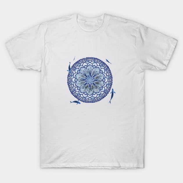 Blue Koi Lotus Mandala Tee T-Shirt by DISmithArt